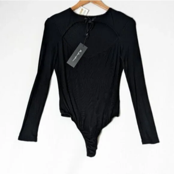 NWT FOR LOVE & LEMONS Josephina Bodysuit Black Tie Front and Long Sleeve L Large - Picture 8 of 11
